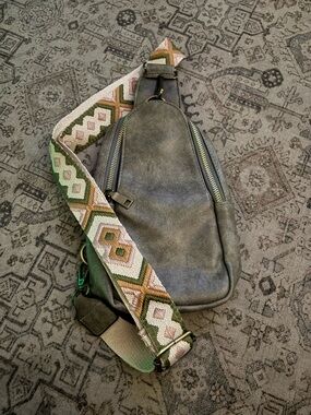 Stylish Olive Green Leather Sling Bag with Patterned Strap